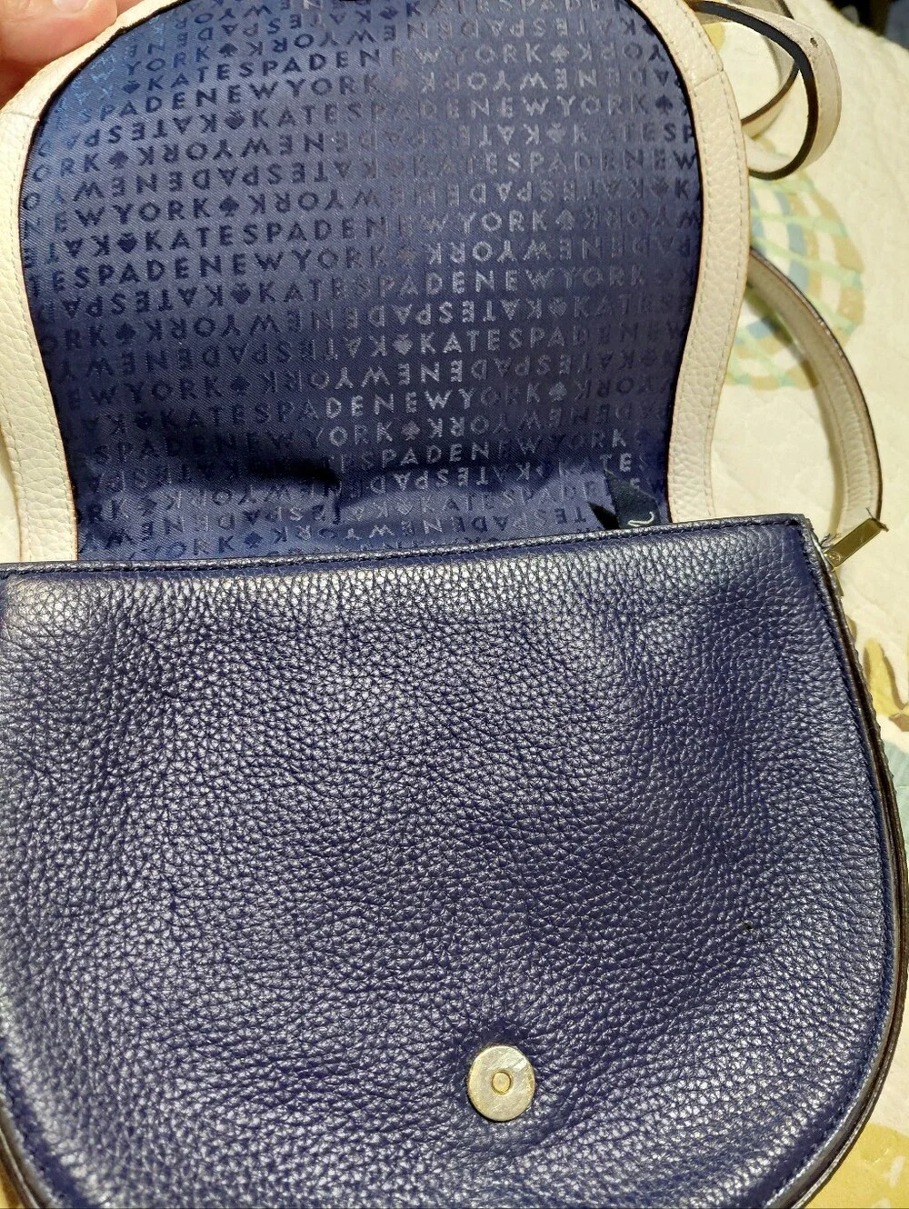 Kate Spade NY Oliver Street White/Navy Blue Pebbled Leather Saddle Bag Crossbody